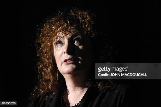 Photographer Nan Goldin addresses a press conference during the presentation to the press of her exhibition "Poste Restante, Slideshows/Grids" in...