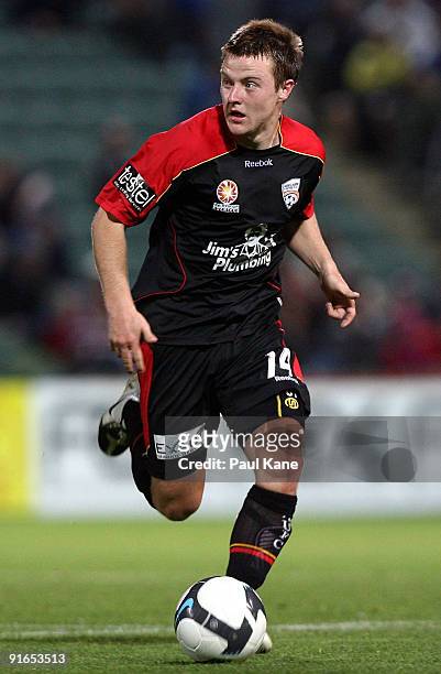 Scott Jamieson of Adelaide looks for a pass during the round ten A-League match between the Perth Glory and Adelaide United at Members Equity Stadium...
