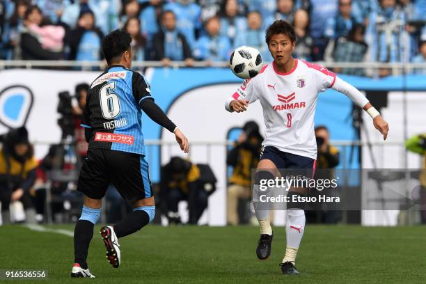 Yoichiro Kakitani of Cerezo Osaka in action during the Xerox Super Cup match between Kawasaki Frontale and Cerezo Osaka at the Saitama Stadium on...