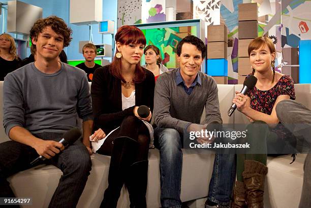 Actors Florian Prokop, Alicia Endemann, Marc Dumitru and Kristina Schmidt of the Teenager Soap 'Das Haus Anubis' pose during the VIVA television show...