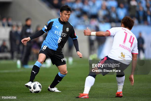 Yusuke Tasaka of Kawasaki Frontale in action during the Xerox Super Cup match between Kawasaki Frontale and Cerezo Osaka at the Saitama Stadium on...