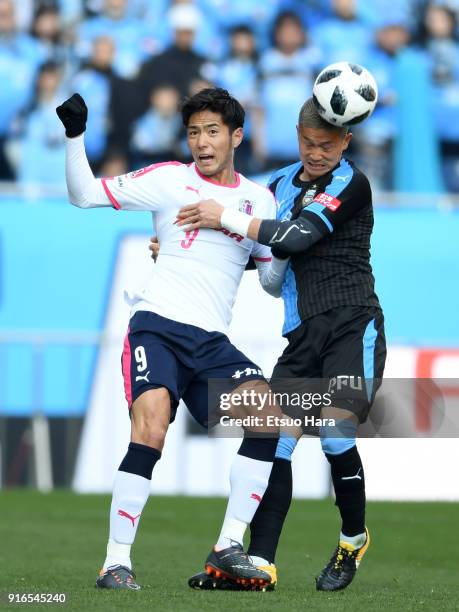 Tatsuki Nara of Kawasaki Frontale and Kenyu Sugimoto of Cerezo Osaka compete for the ball during the Xerox Super Cup match between Kawasaki Frontale...