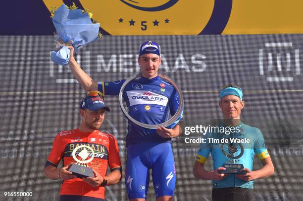 5th Tour Dubai 2018 / Stage 5 Podium / Sonny Colbrelli of Italy / Elia Viviani of Italy Blue Leader Jersey / Magnus Cort Nielsen of Denmark / Trophy...