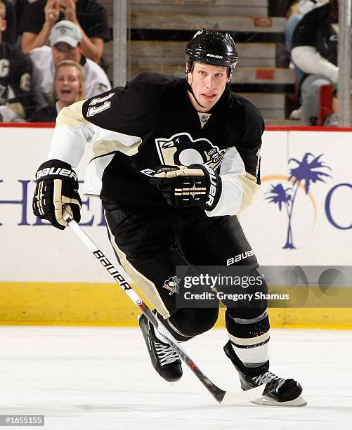 Jordan Staal of the Pittsburgh Penguins skates up ice against the Phoenix Coyotes on October 7, 2009 at Mellon Arena in Pittsburgh, Pennsylvania.