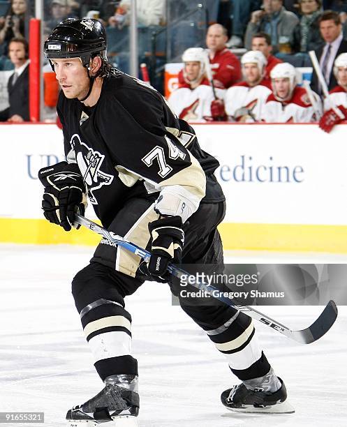 Jay McKee of the Pittsburgh Penguins skates up ice against the Phoenix Coyotes on October 7, 2009 at Mellon Arena in Pittsburgh, Pennsylvania.