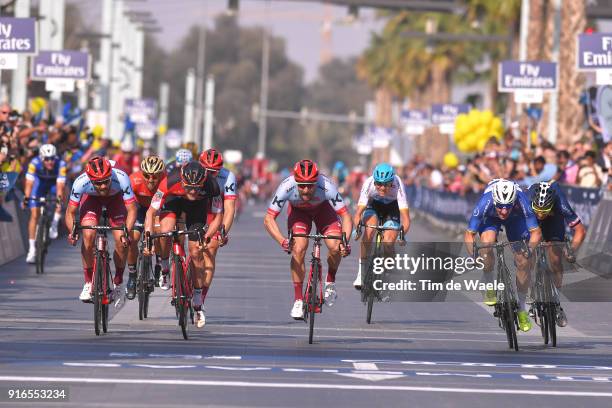 5th Tour Dubai 2018 / Stage 5 Arrival / Sprint / Elia Viviani of Italy Blue Leader Jersey / Marco Haller of Austria / Jean-Pierre Drucker of...