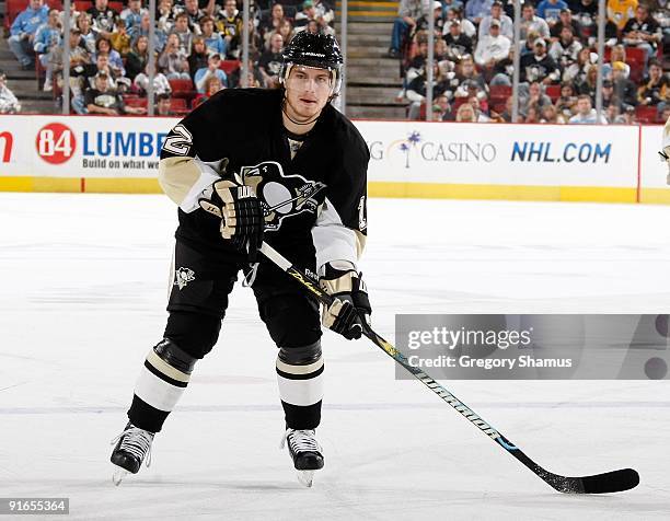 Christopher Bourque of the Pittsburgh Penguins skates against the Phoenix Coyotes on October 7, 2009 at Mellon Arena in Pittsburgh, Pennsylvania.