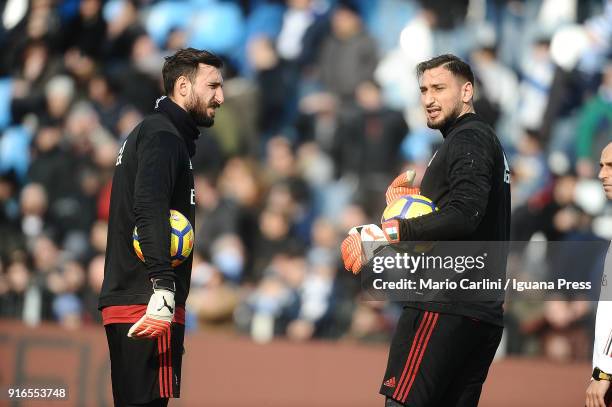 Gianluigi Donnarumma Antonio Donnarumma goalkeepers of AC Milan look on prior the beginning of the serie A match between Spal and AC Milan at Stadio...
