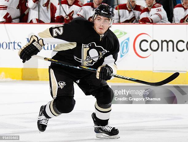 Christopher Bourque of the Pittsburgh Penguins skates up ice against the Phoenix Coyotes on October 7, 2009 at Mellon Arena in Pittsburgh,...