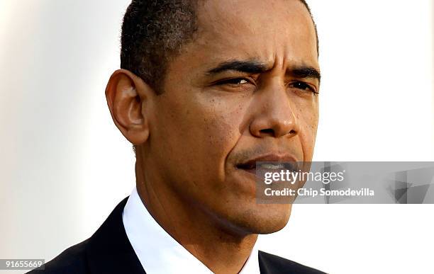 President Barack Obama delivers remarks about winning the 2009 Nobel Peace Prize in the Rose Garden at the White House October 9, 2009 in Washington,...