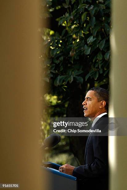 President Barack Obama delivers remarks about winning the 2009 Nobel Peace Prize in the Rose Garden at the White House October 9, 2009 in Washington,...