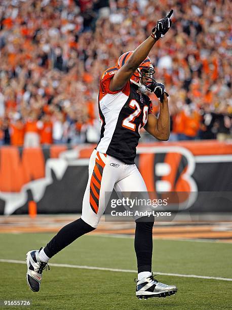 Leon Hall of the Cincinnati Bengals celebrates following the game against the Pittsburgh Steelers at Paul Brown Stadium on September 27, 2009 in...