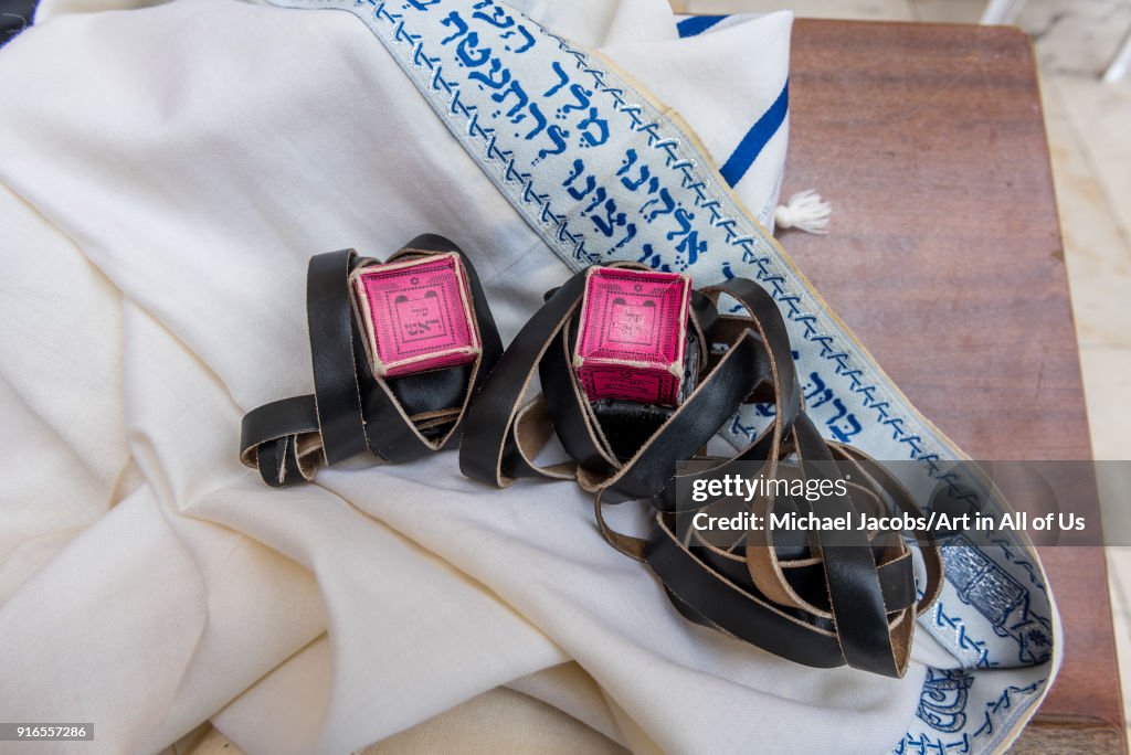 Tefillin and tallit at the Western wall - kotel in Jerusalem, Israel