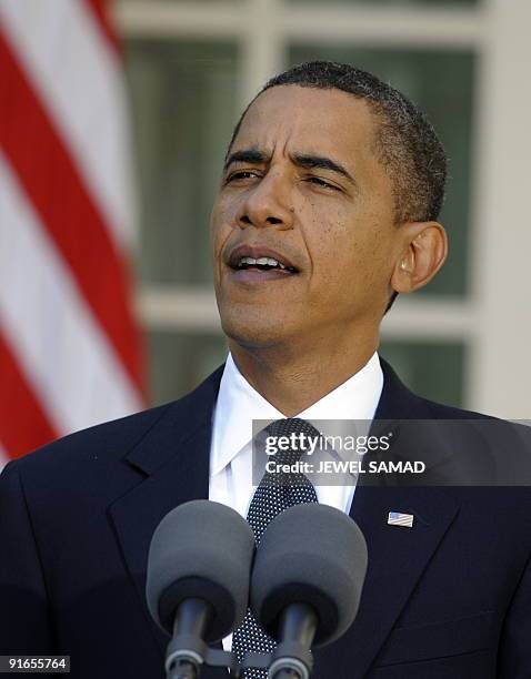 President Barack Obama speaks, after winning Nobel Peace Prize, at the Rose Garden of the White House in Washington, DC, on October 9, 2009. Obama...