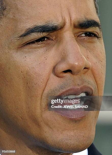 President Barack Obama speaks at the Rose Garden of the White House in Washington, DC, on October 9, 2009 after he won the Nobel Peace Prize. Obama...