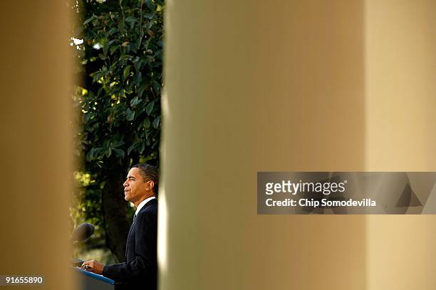 President Barack Obama delivers remarks about winning the 2009 Nobel Peace Prize in the Rose Garden at the White House October 9, 2009 in Washington,...