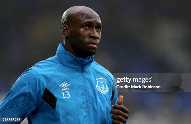 Eliaquim Mangala of Everton warms up ahead of the Premier League match between Everton and Crystal Palace at Goodison Park on February 10, 2018 in...