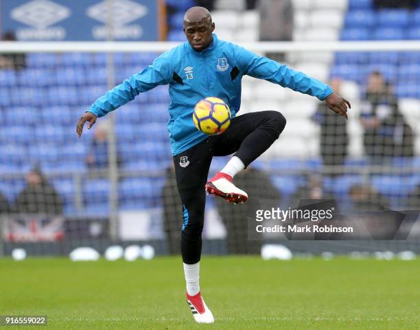 Eliaquim Mangala of Everton warms up ahead of the Premier League match between Everton and Crystal Palace at Goodison Park on February 10, 2018 in...