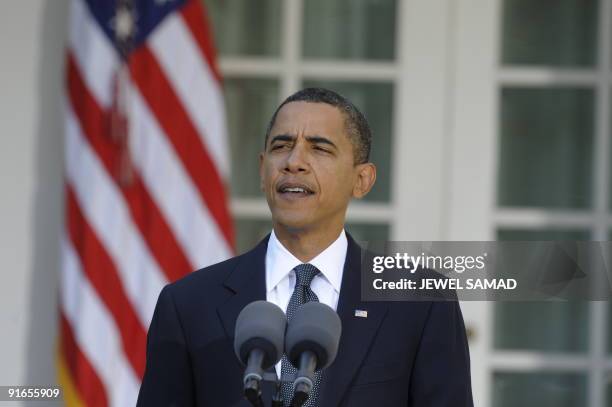 President Barack Obama speaks after winning Nobel Peace Prize at the Rose Garden of the White House in Washington, DC, on October 9, 2009. Obama won...