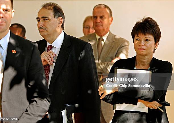 Senior advisors to U.S. President Barack Obama David Axelrod , Valerie Jarrett and National Security Advisor James Jones listen to Obama deliver...