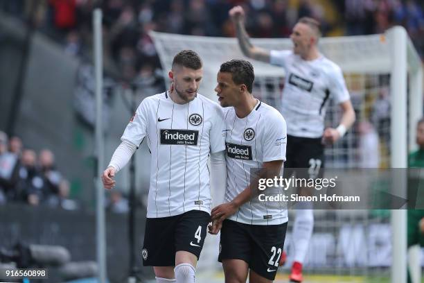 Ante Rebic of Frankfurt celebrates after he scored a goal to make it 1:0, with Timothy Chandler of Frankfurt , during the Bundesliga match between...