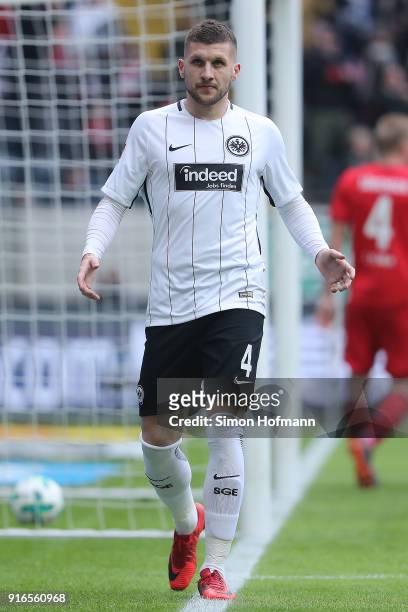 Ante Rebic of Frankfurt celebrates after he scored a goal to make it 1:0 during the Bundesliga match between Eintracht Frankfurt and 1. FC Koeln at...