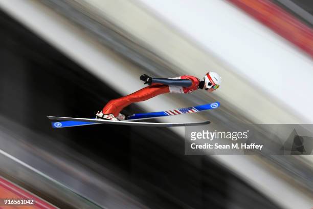 Casey Larson of the United States makes a jump during the Ski Jumping - Men's Normal Hill Individual Final on day one of the PyeongChang 2018 Winter...