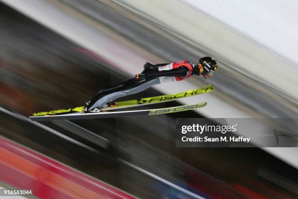 Markus Eisenbichler of Germany makes a jump during the Ski Jumping - Men's Normal Hill Individual Final on day one of the PyeongChang 2018 Winter...