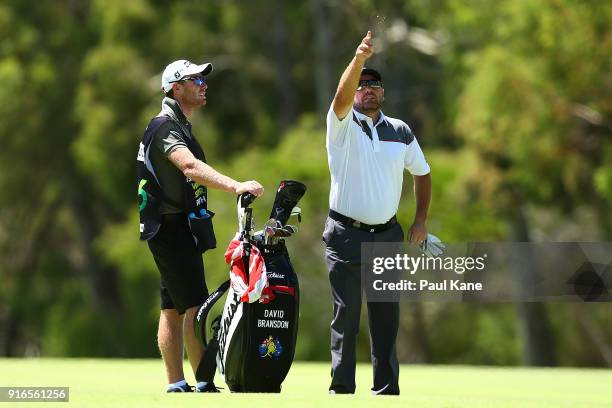 David Bransdon of Australia checks the wind before playing his 2nd shot on the 4th hole during day three of the World Super 6 at Lake Karrinyup...