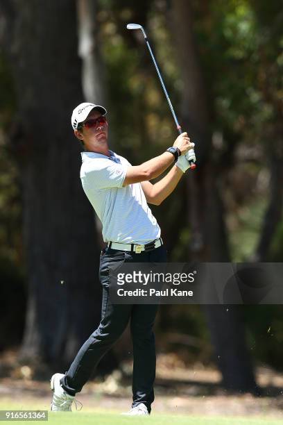 Lucas Herbert of Australia plays his second shot on the 4th hole during day three of the World Super 6 at Lake Karrinyup Country Club on February 10,...