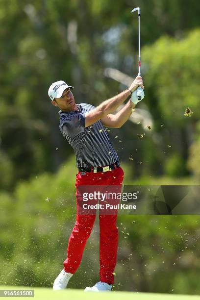 Julien Guerrier of France plays his second shot on the 4th hole during day three of the World Super 6 at Lake Karrinyup Country Club on February 10,...
