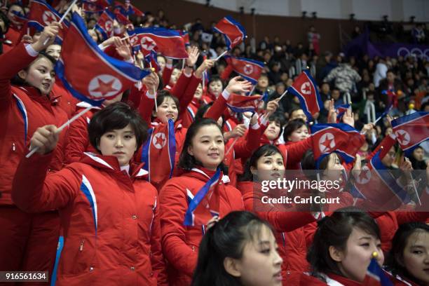 North Korean cheerleaders perform during a visit by United States Vice President Mike Pence to Gangneung Ice Arena on February 10, 2018 in Gangneung,...
