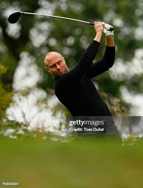 David Hutton of Hamptworth tees off from the 5th hole during the SkyCaddie PGA Fourball Championship at Forest Pines Golf Club on October 09, 2009 in...