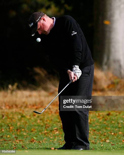 Adrian Ambler of Walton Golf Centre chips onto 13th green during the SkyCaddie PGA Fourball Championship at Forest Pines Golf Club on October 09,...