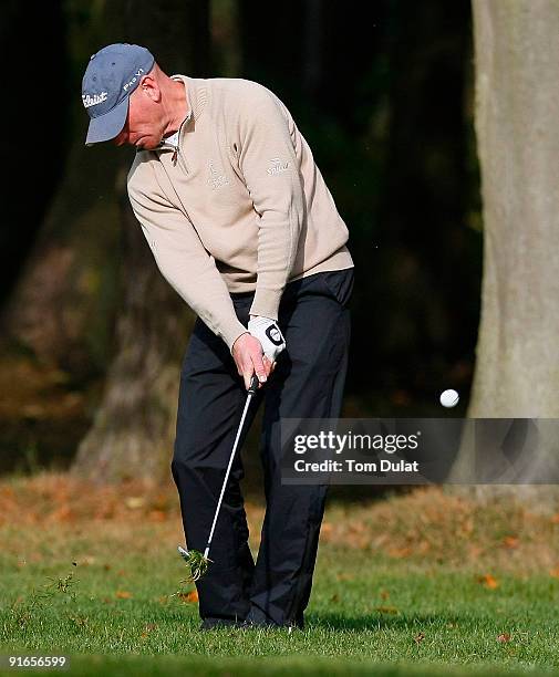 Aron Wainwright of Oulton Ha plays a shot during the SkyCaddie PGA Fourball Championship at Forest Pines Golf Club on October 09, 2009 in Broughton,...