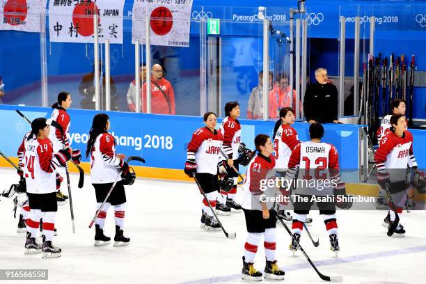 Japanese players reacts after the Women's Ice Hockey Preliminary Round, Group B match between Japan and Sweden on day one of the PyeongChang 2018...