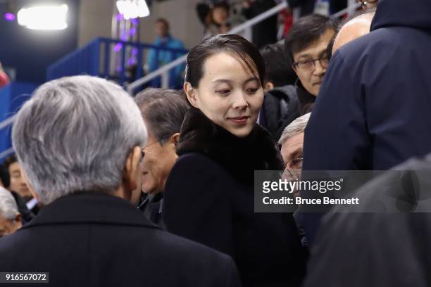 Kim Yo-jong, sister of North Korean leader Kim Jong-un, attends the Women's Ice Hockey Preliminary Round - Group B game between Switzerland and Korea...