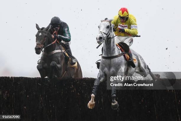 Nico de Boinville riding Altior clear the last to win The betfair Exchange Steeple Chase from Politolouge at Newbury racecourse on February 10, 2018...