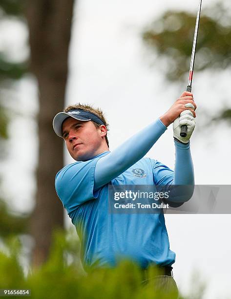 Stuart Taylor of Island tees off from the 5th hole during the SkyCaddie PGA Fourball Championship at Forest Pines Golf Club on October 09, 2009 in...