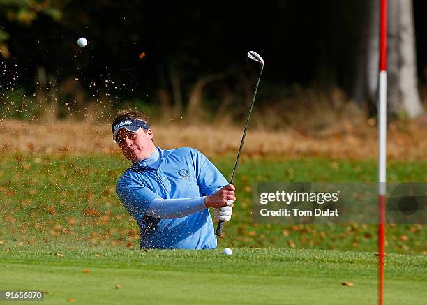 Stuart Taylor of Island plays out the bunker during the SkyCaddie PGA Fourball Championship at Forest Pines Golf Club on October 09, 2009 in...