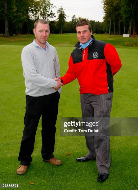 Patrick Devine of Royal Dublin and Stuart Taylor of Island pose for photos after winning the SkyCaddie PGA Fourball Championship at Forest Pines Golf...