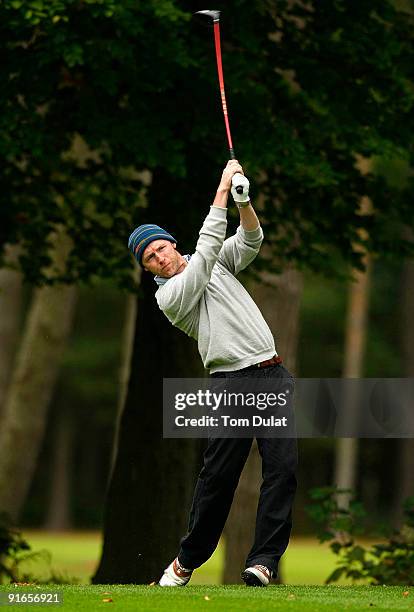 Paddy Devine of Royal Dublin tees off from the 9th hole during the SkyCaddie PGA Fourball Championship at Forest Pines Golf Club on October 09, 2009...