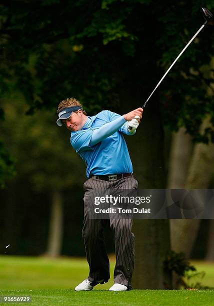 Stuart Taylor of Island tees off from the 9th hole during the SkyCaddie PGA Fourball Championship at Forest Pines Golf Club on October 09, 2009 in...