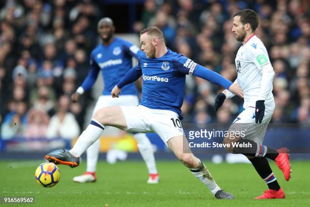 Wayne Rooney of Everton is challenged by Yohan Cabaye of Crystal Palace during the Premier League match between Everton and Crystal Palace at...