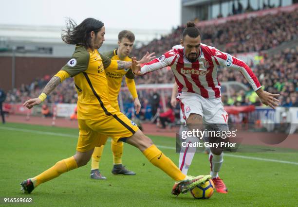 Matias Ezequiel Schelotto of Brighton and Hove Albion and Maxim Choupo-Moting of Stoke City battle for the ball during the Premier League match...