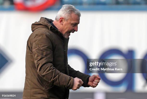Head coach Pavel Dotchev of Rostock shows his delight after winning the 3. Liga match between F.C. Hansa Rostock and FC Wuerzburger Kickers at...