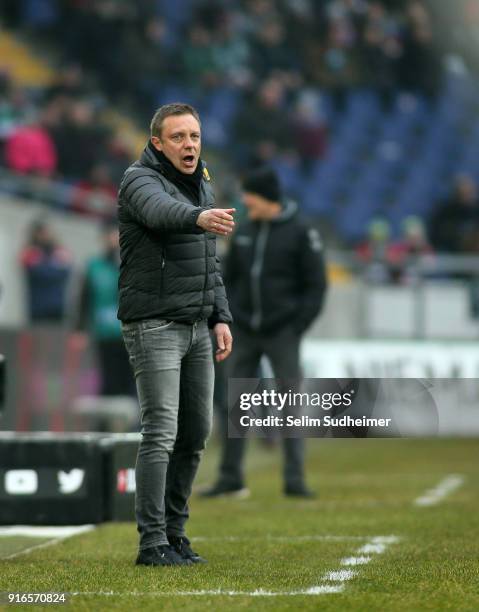 Headcoach Andre Breitenreiter of Hannover 96 reacts during the Bundesliga match between Hannover 96 and Sport-Club Freiburg at HDI-Arena on February...