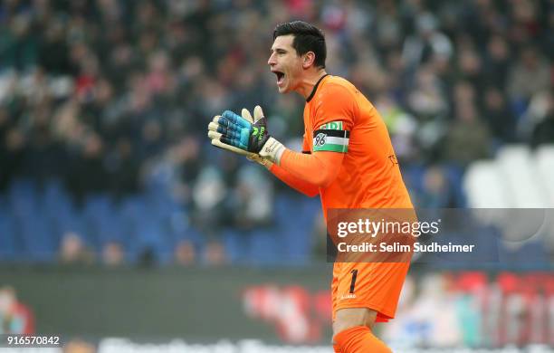 Goalkeeper Philipp Tschauner of Hannover 96 reacts during the Bundesliga match between Hannover 96 and Sport-Club Freiburg at HDI-Arena on February...