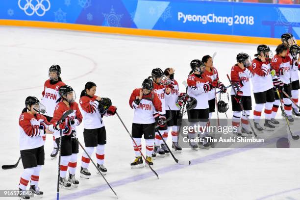 Japanese players reacts after the Women's Ice Hockey Preliminary Round, Group B match between Japan and Sweden on day one of the PyeongChang 2018...