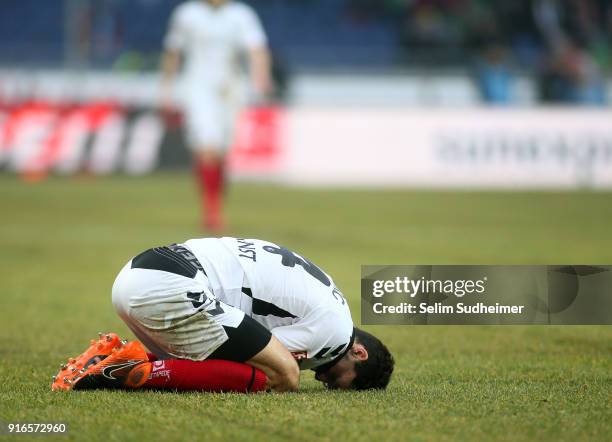 Tim Kleindienst of SC Freiburg reacts during the Bundesliga match between Hannover 96 and Sport-Club Freiburg at HDI-Arena on February 10, 2018 in...